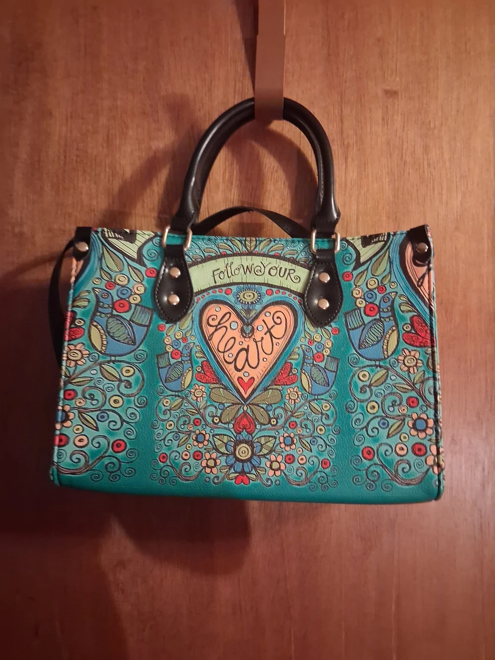 Follow Your Heart Teal Printed Satchel Bag